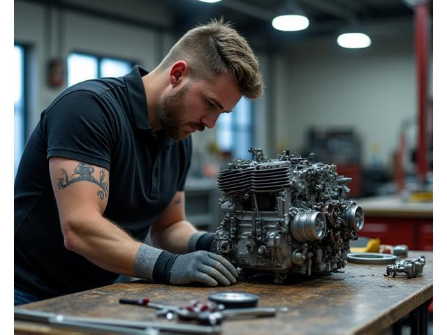 Mechaniker arbeitet an einem Custom Motorradmotor