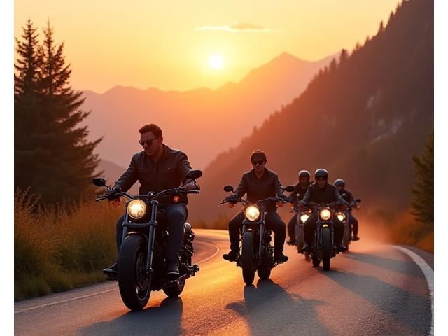 Motorradgruppe bei Sonnenuntergang